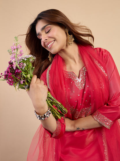 Silk Blend Kurta Pant Set with Zari Thread Embroidery & Organza Dupatta