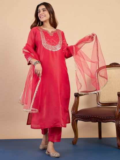 Silk Blend Kurta Pant Set with Zari Thread Embroidery & Organza Dupatta