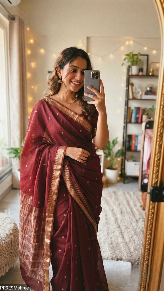 Silk Crape Gold Polka Dots Butta Saree with Temple Border