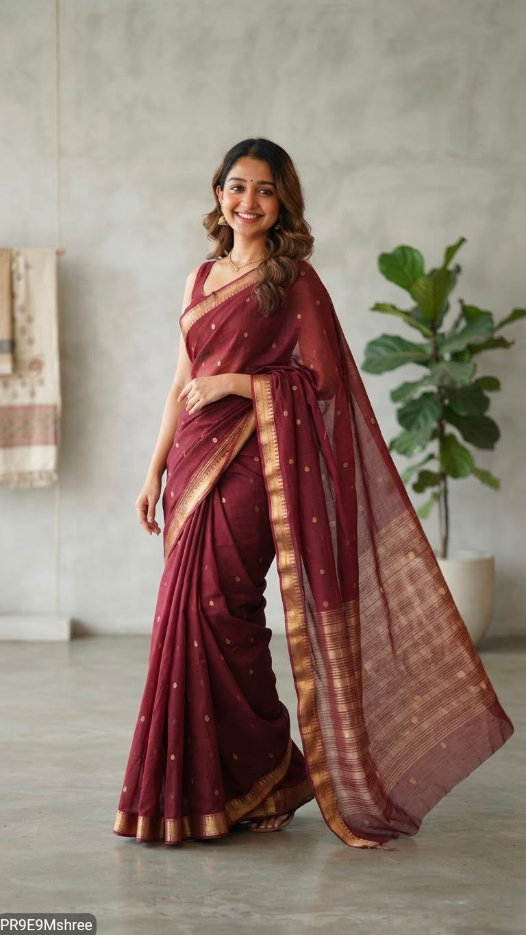 Silk Crape Gold Polka Dots Butta Saree with Temple Border