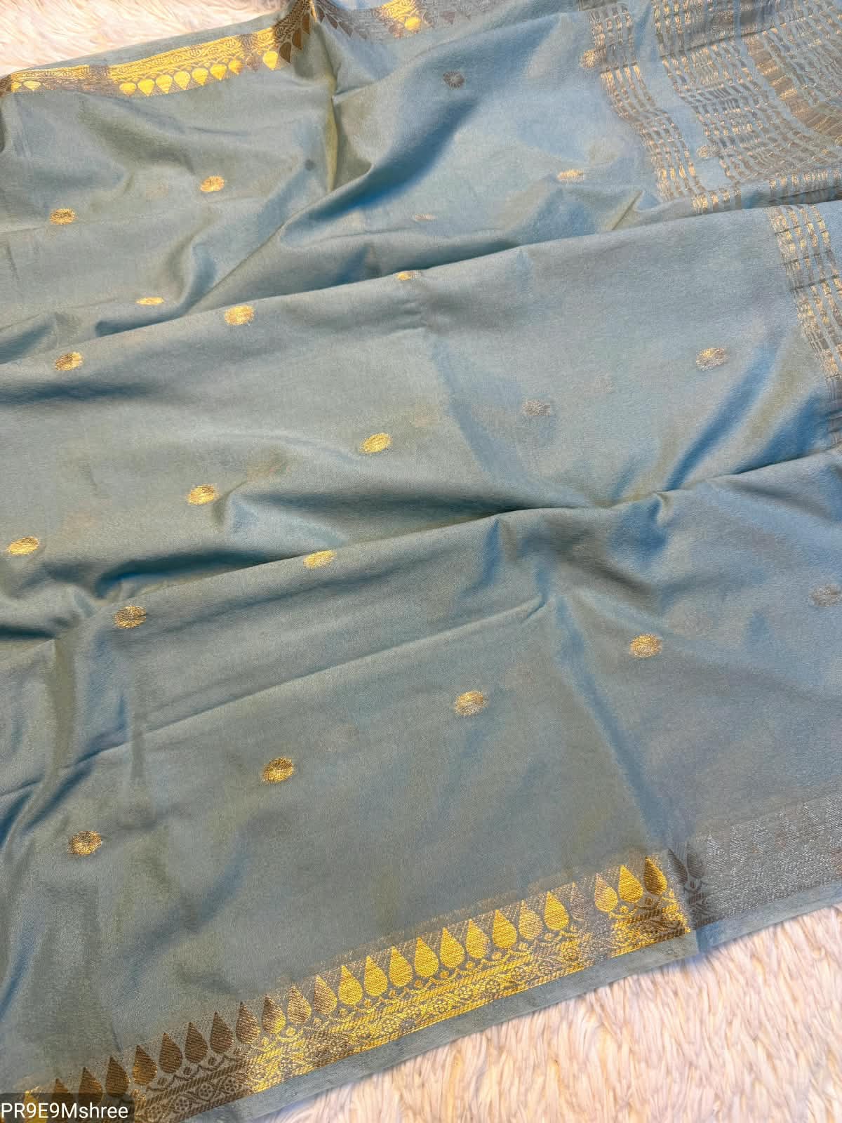 Silk Crape Gold Polka Dots Butta Saree with Temple Border