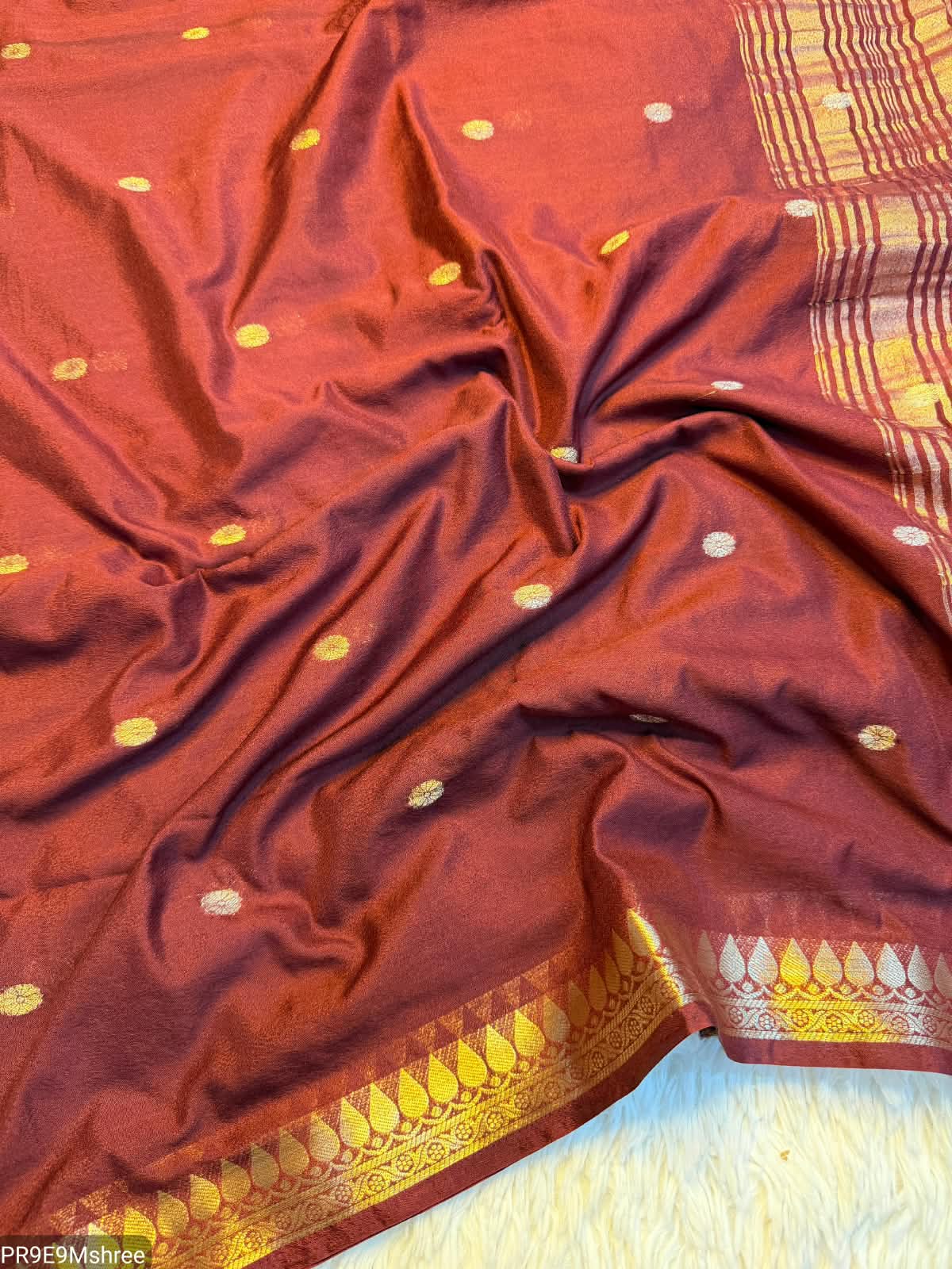 Silk Crape Gold Polka Dots Butta Saree with Temple Border