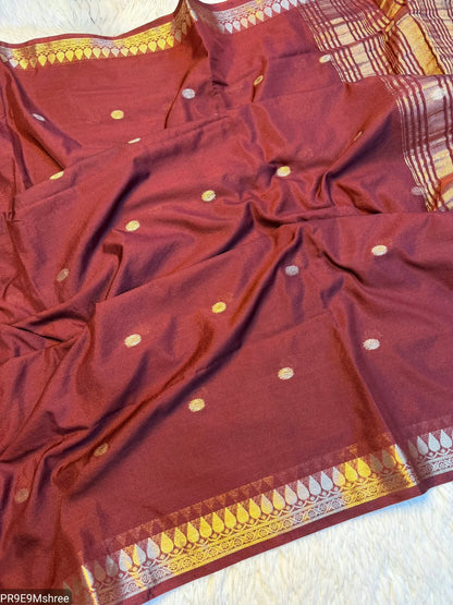 Silk Crape Gold Polka Dots Butta Saree with Temple Border