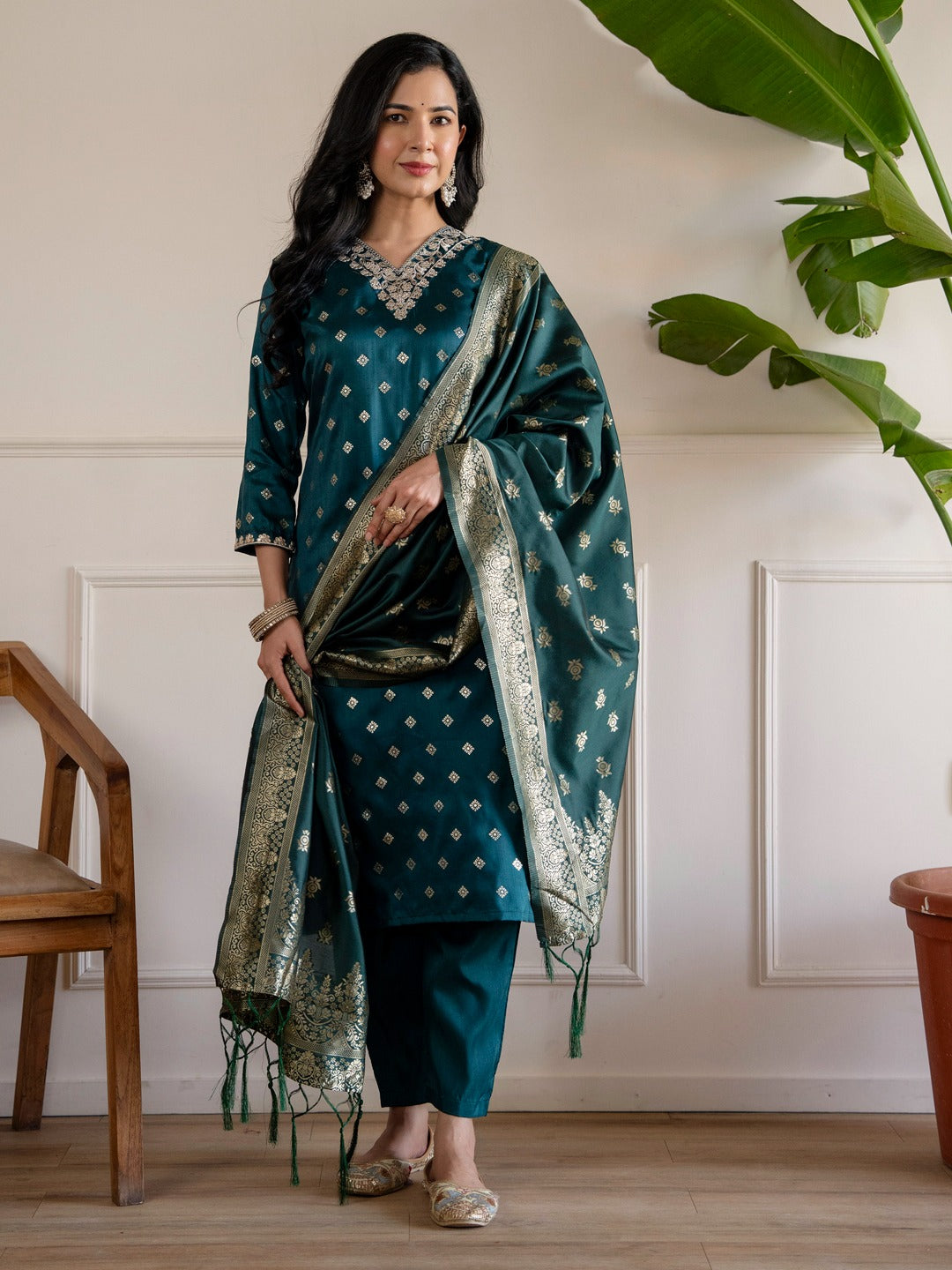 Silk Embroidered Kurta Pant Dupatta Set with Banarasi Jacquard Dupatta
