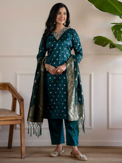 Silk Embroidered Kurta Pant Dupatta Set with Banarasi Jacquard Dupatta