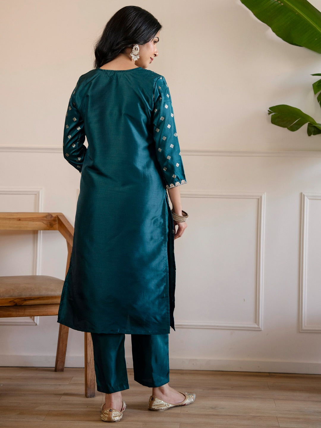 Silk Embroidered Kurta Pant Dupatta Set with Banarasi Jacquard Dupatta