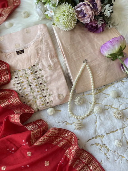 Silk Jacquard Weaving Kurti Pant Dupatta Set with Embroidered Neck