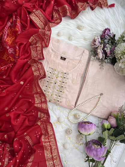 Silk Jacquard Weaving Kurti Pant Dupatta Set with Embroidered Neck