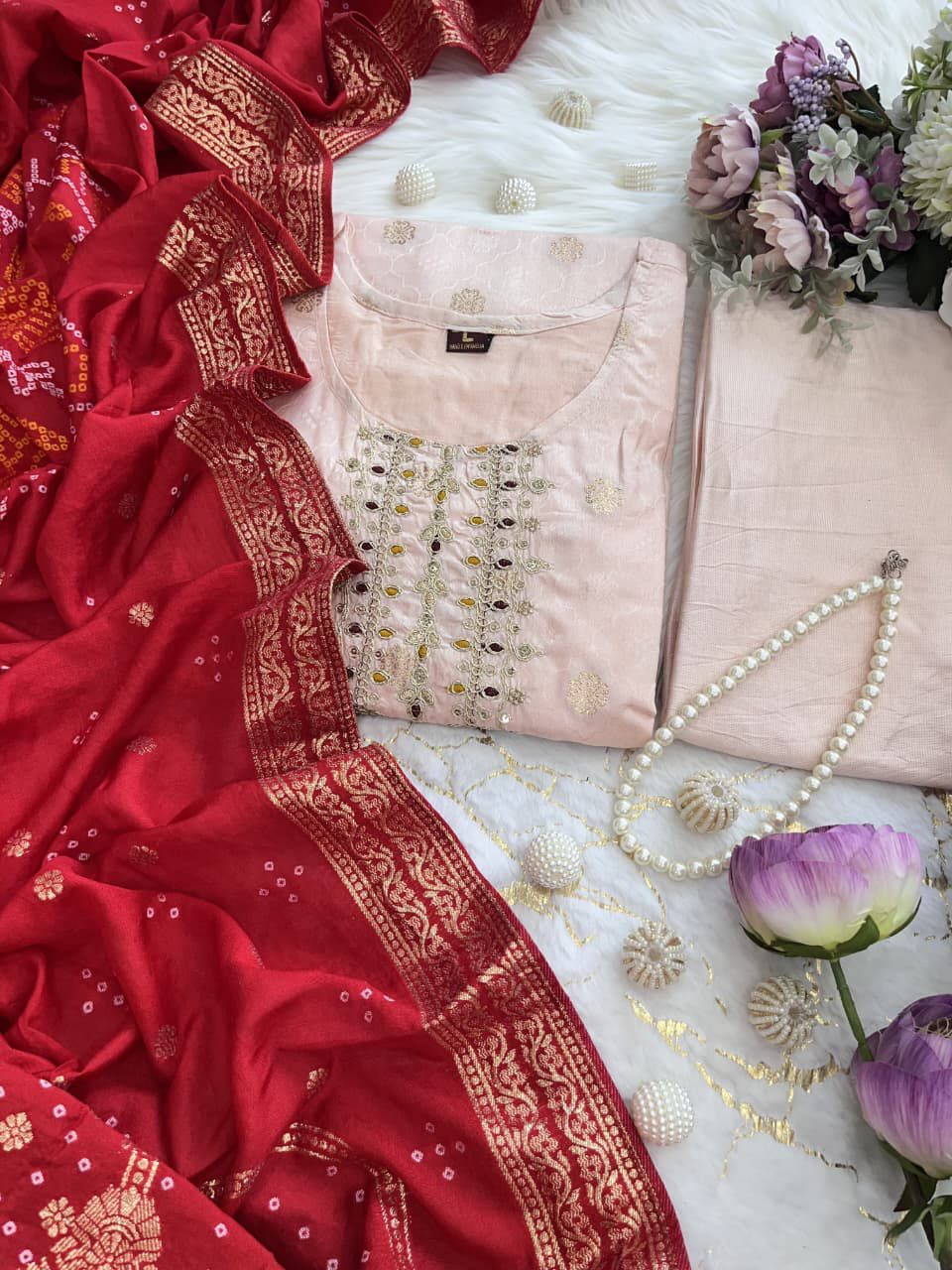 Silk Jacquard Weaving Kurti Pant Dupatta Set with Embroidered Neck