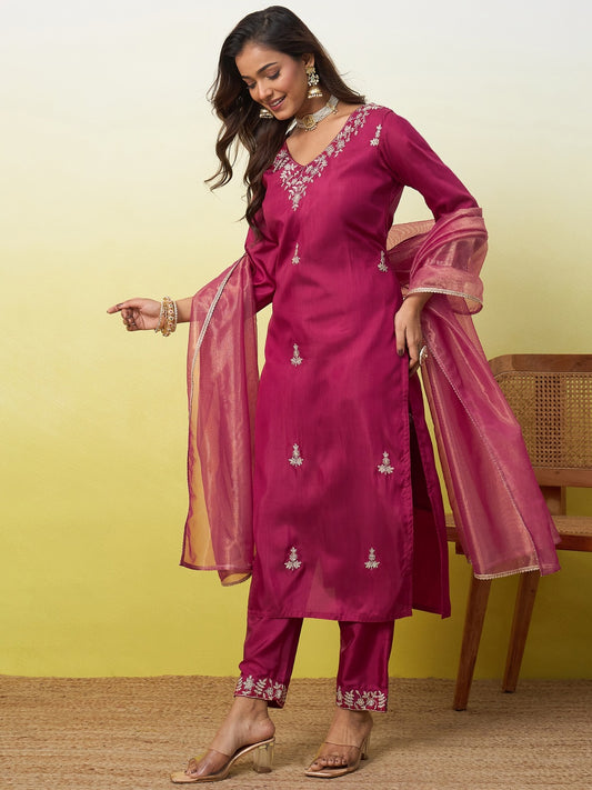 Silk Straight Kurta Pant Dupatta Set with Zari Embroidery | 3-Piece
