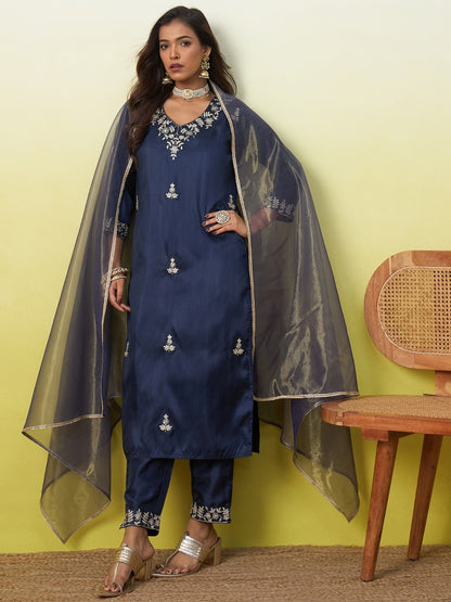 Silk Straight Kurta Pant Dupatta Set with Zari Embroidery | 3-Piece