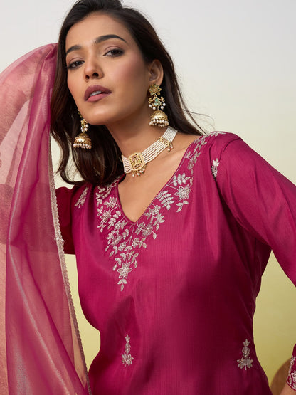 Silk Straight Kurta Pant Dupatta Set with Zari Embroidery | 3-Piece