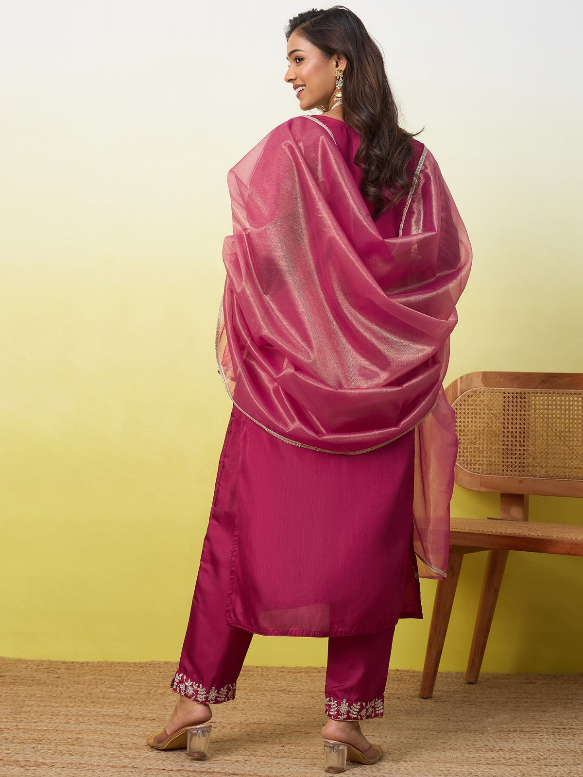 Silk Straight Kurta Pant Dupatta Set with Zari Embroidery | 3-Piece