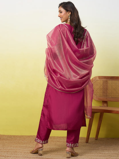 Silk Straight Kurta Pant Dupatta Set with Zari Embroidery | 3-Piece