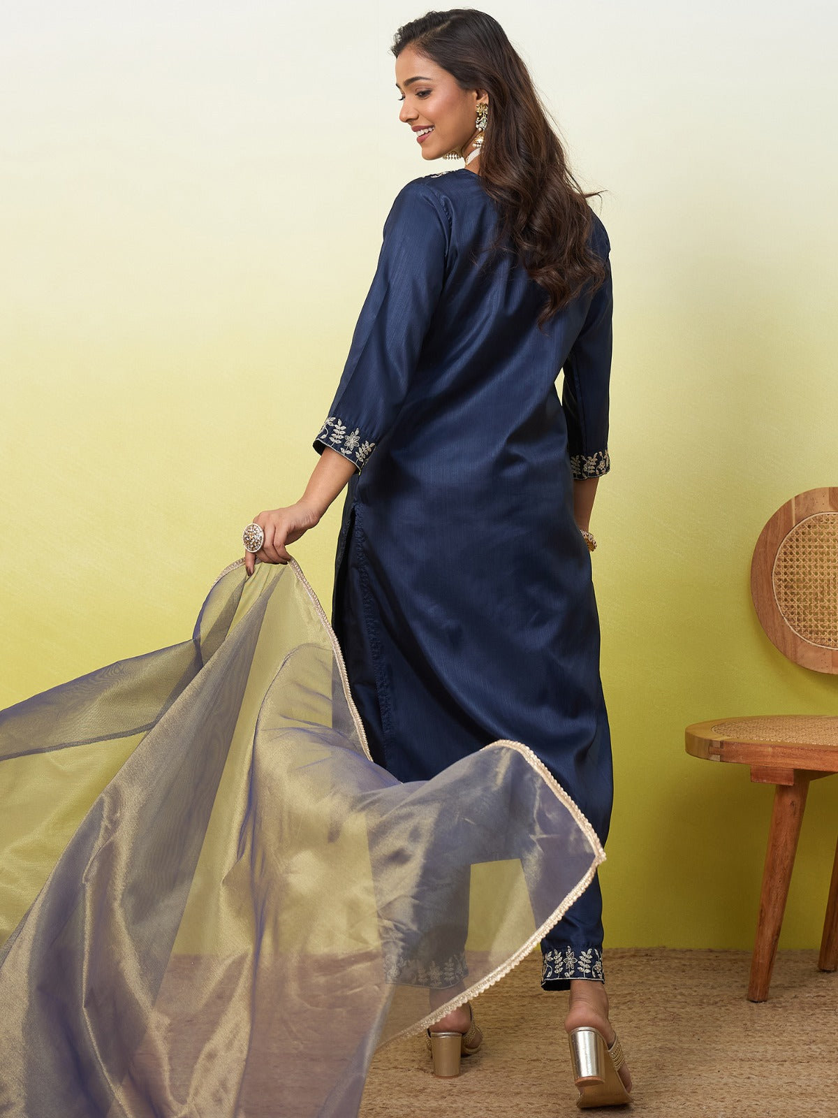 Silk Straight Kurta Pant Dupatta Set with Zari Embroidery | 3-Piece