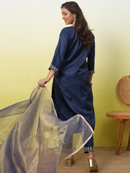Silk Straight Kurta Pant Dupatta Set with Zari Embroidery | 3-Piece