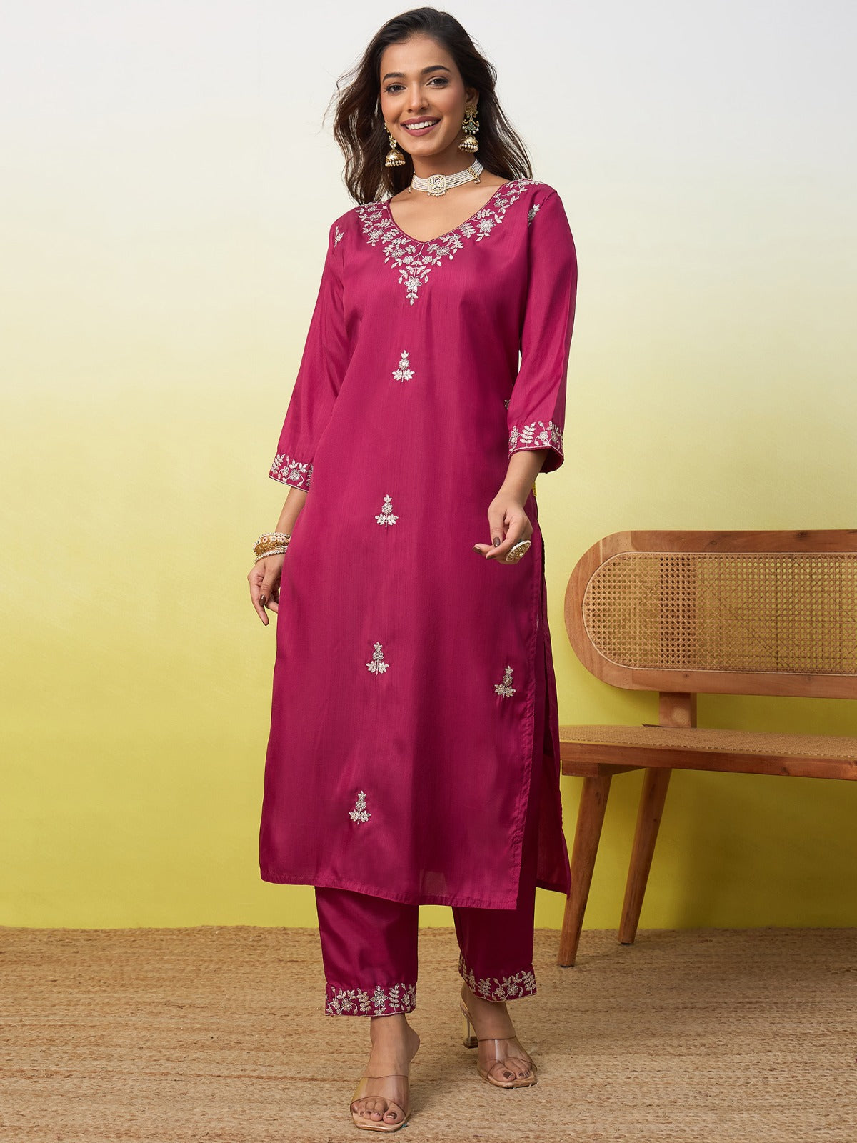 Silk Straight Kurta Pant Dupatta Set with Zari Embroidery | 3-Piece