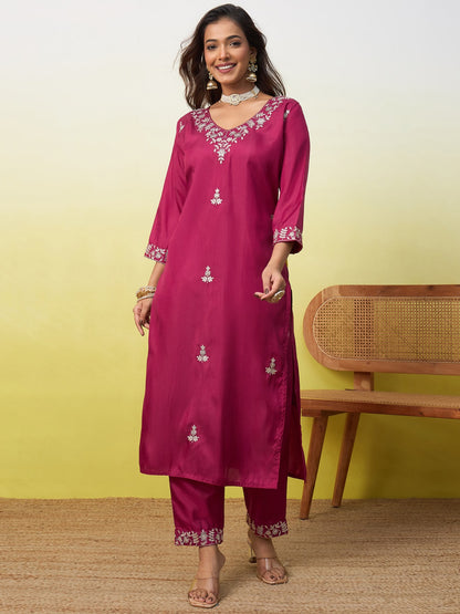 Silk Straight Kurta Pant Dupatta Set with Zari Embroidery | 3-Piece