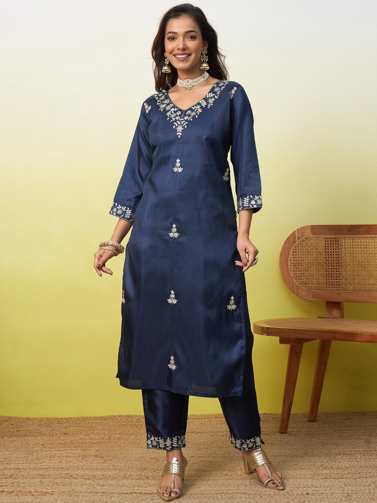 Silk Straight Kurta Pant Dupatta Set with Zari Embroidery | 3-Piece