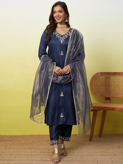 Silk Straight Kurta Pant Dupatta Set with Zari Embroidery | 3-Piece