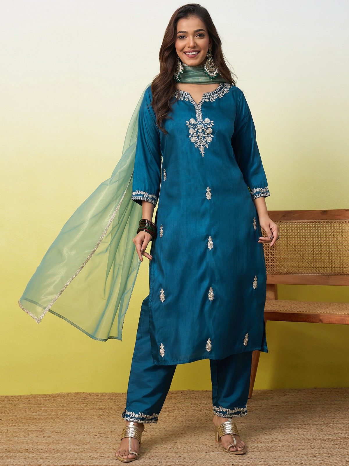 Silk Straight Kurta Pant Dupatta Set with Zari Thread Embroidery Work