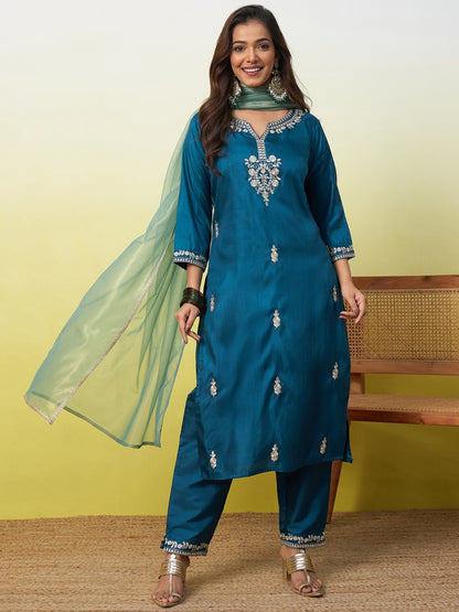 Silk Straight Kurta Pant Dupatta Set with Zari Thread Embroidery Work