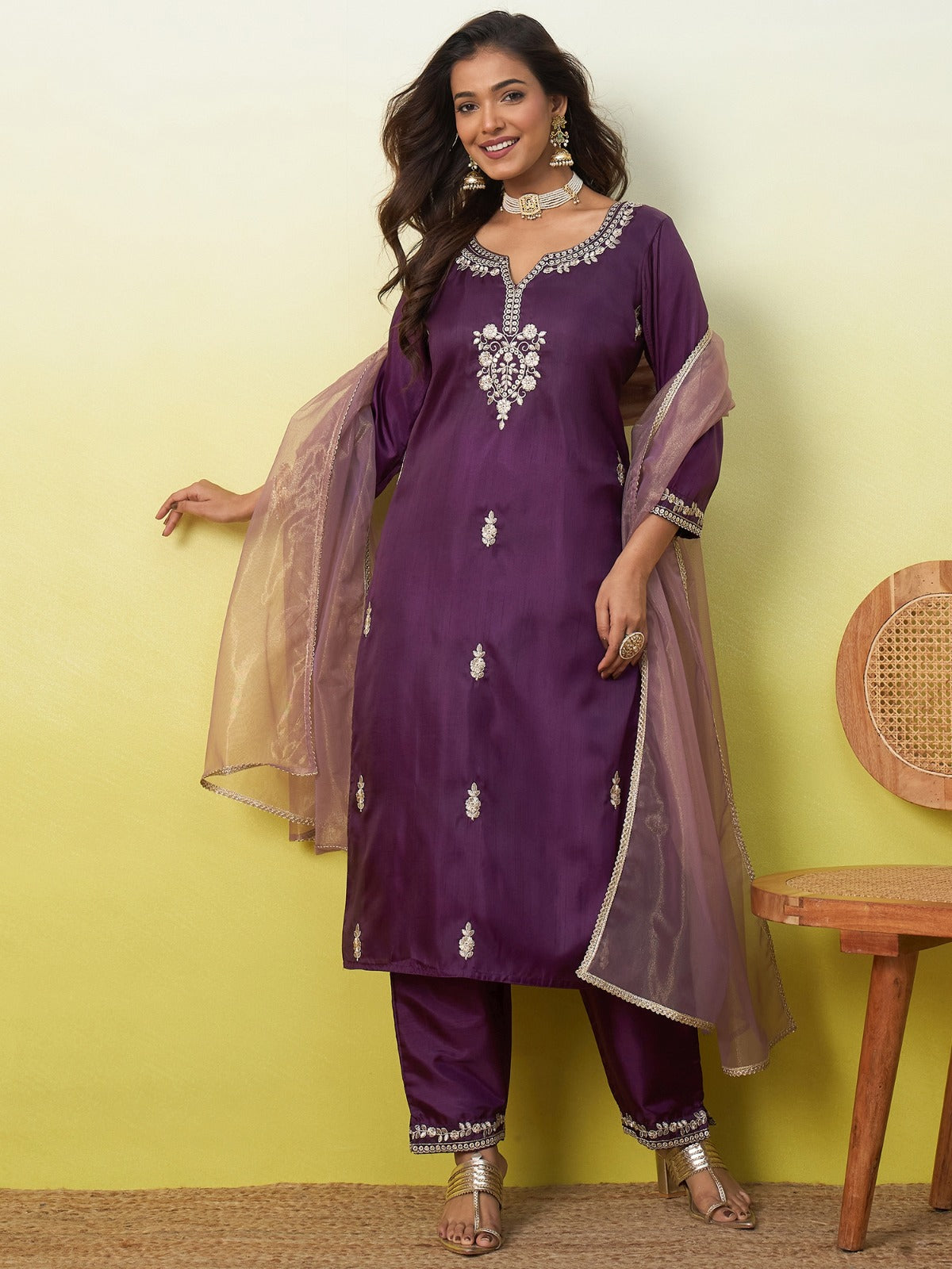 Silk Straight Kurta Pant Dupatta Set with Zari Thread Embroidery Work