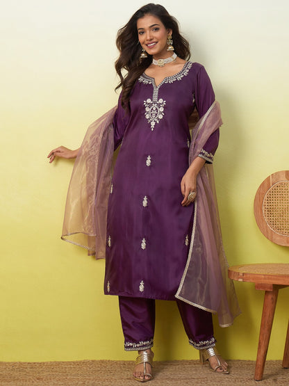 Silk Straight Kurta Pant Dupatta Set with Zari Thread Embroidery Work