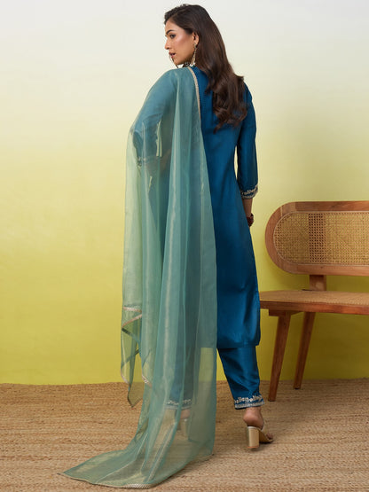 Silk Straight Kurta Pant Dupatta Set with Zari Thread Embroidery Work