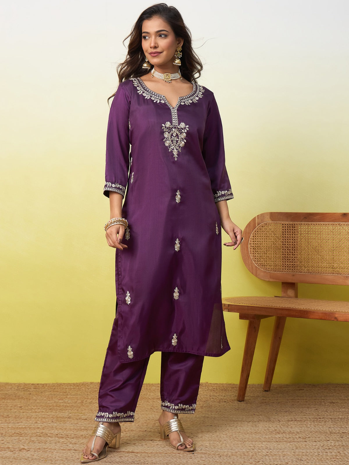 Silk Straight Kurta Pant Dupatta Set with Zari Thread Embroidery Work