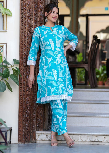 Sky Blue Floral Print Co-Ord Set with Cotton Lace Work | Chinese Collar & 3/4th Sleeves