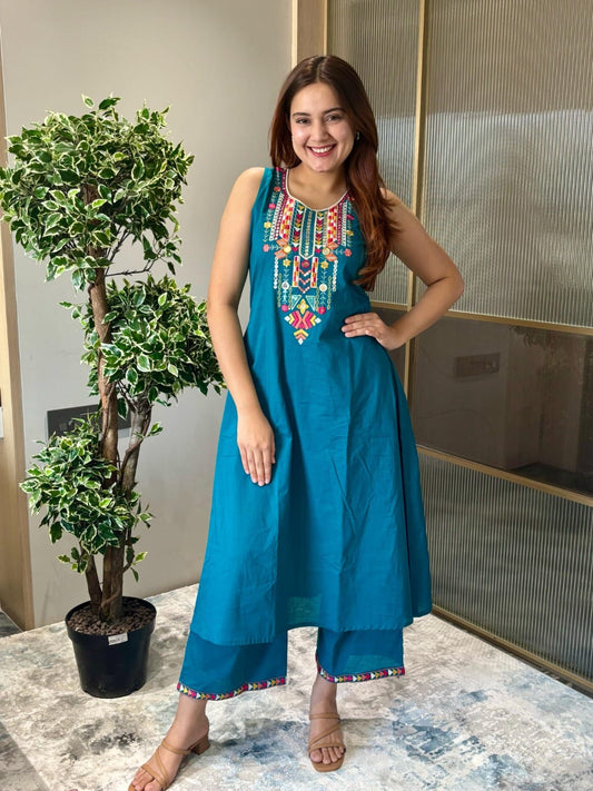 Sleeveless Cotton Embroidered Kurta Set with Palazzo