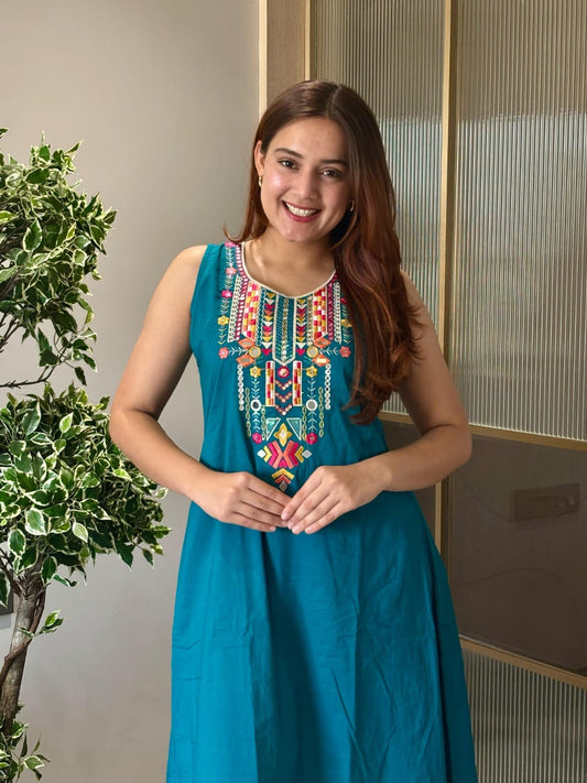 Sleeveless Cotton Embroidered Kurta Set with Palazzo