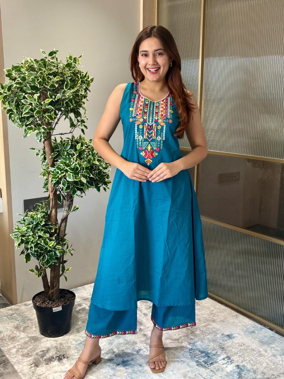 Sleeveless Cotton Embroidered Kurta Set with Palazzo