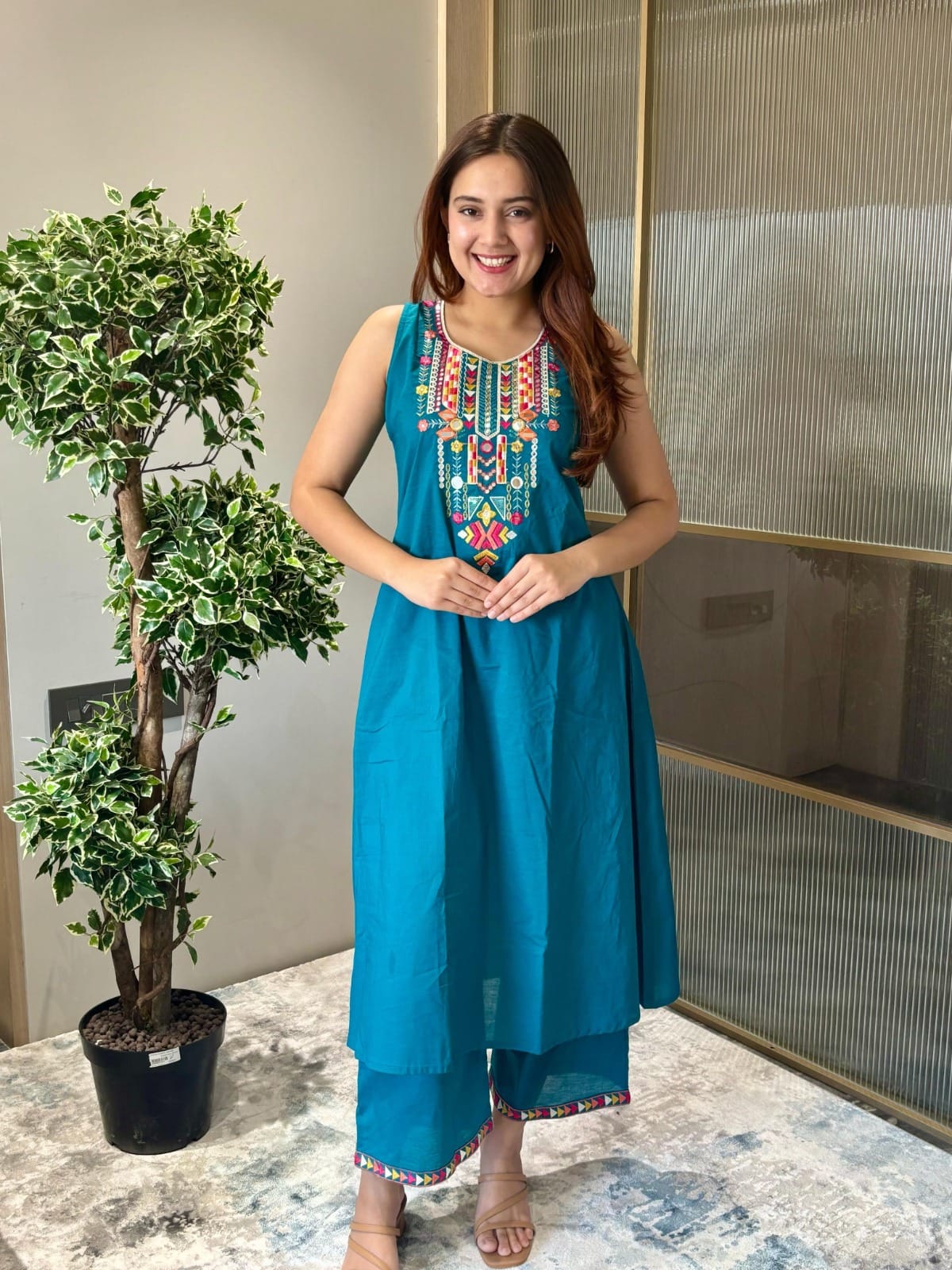 Sleeveless Cotton Embroidered Kurta Set with Palazzo