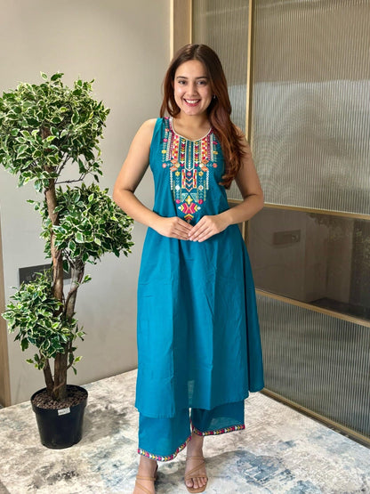 Sleeveless Cotton Embroidered Kurta Set with Palazzo