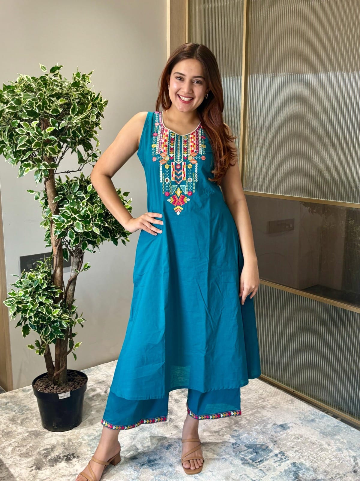 Sleeveless Cotton Embroidered Kurta Set with Palazzo