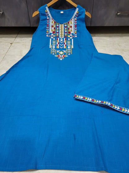 Sleeveless Cotton Embroidered Kurta Set with Palazzo