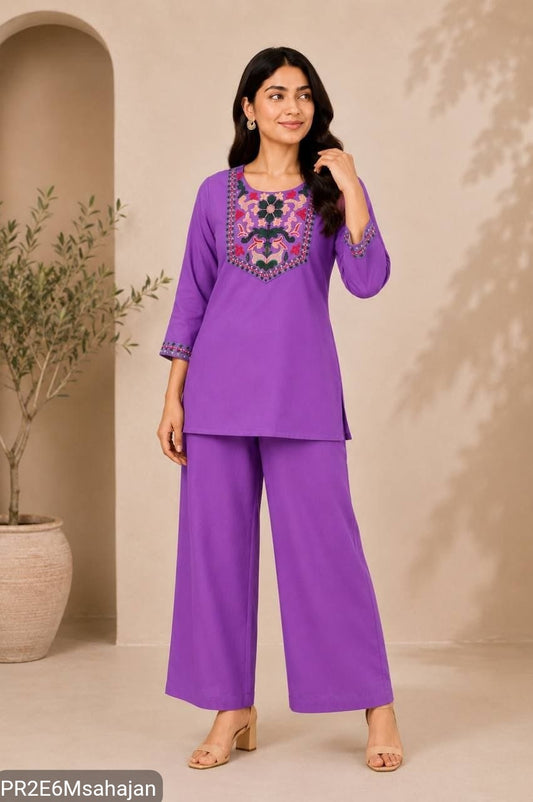 Slub Cotton Embroidered Kurta Pant Set for Women