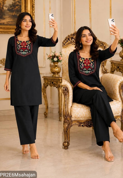 Slub Cotton Embroidered Kurta Pant Set for Women