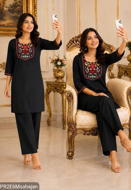 Slub Cotton Embroidered Kurta Pant Set for Women