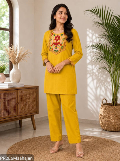 Slub Cotton Embroidered Kurta Pant Set for Women