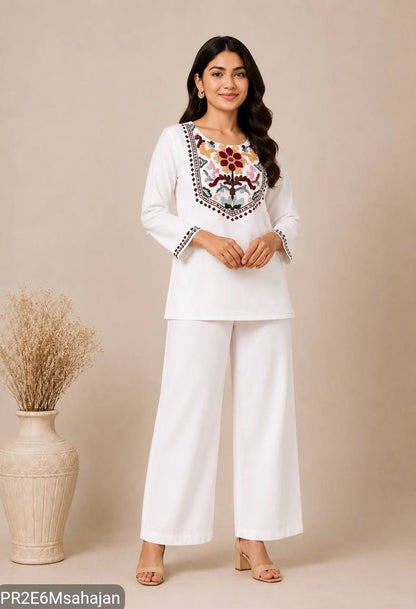 Slub Cotton Embroidered Kurta Pant Set for Women