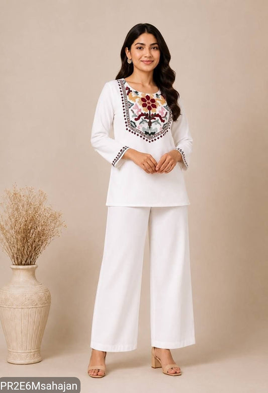 Slub Cotton Embroidered Kurta Pant Set for Women