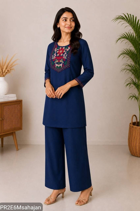 Slub Cotton Embroidered Kurta Pant Set for Women