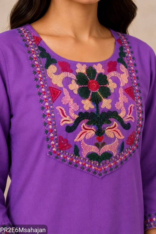 Slub Cotton Embroidered Kurta Pant Set for Women