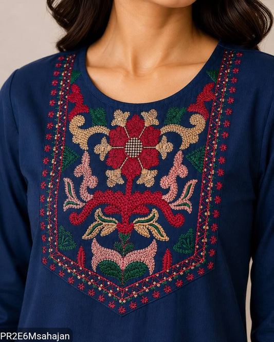 Slub Cotton Embroidered Kurta Pant Set for Women