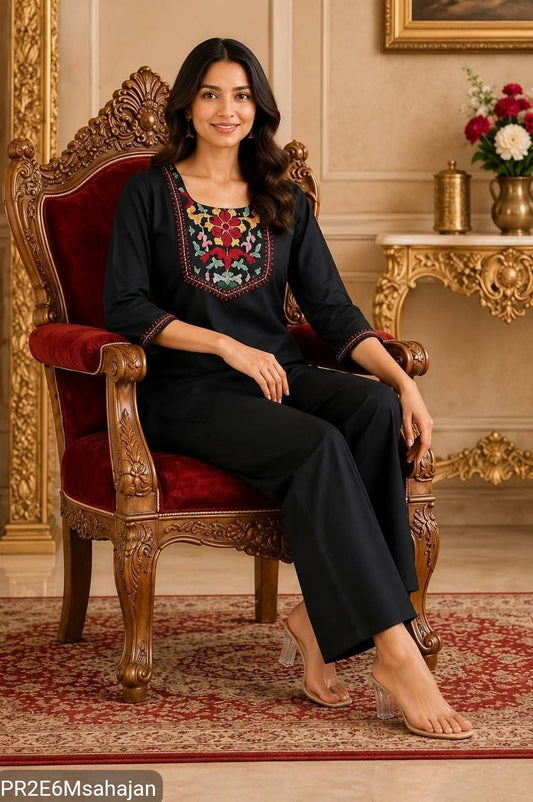 Slub Cotton Embroidered Kurta Pant Set for Women