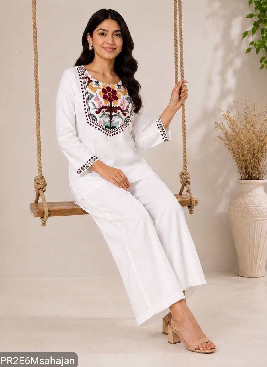 Slub Cotton Embroidered Kurta Pant Set for Women