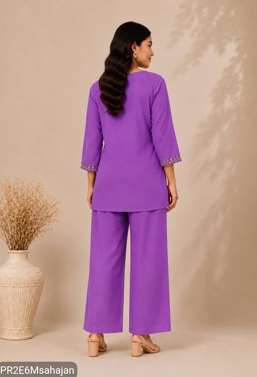 Slub Cotton Embroidered Kurta Pant Set for Women